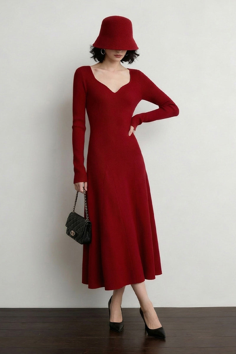 Red Long Sleeve Sweetheart Midi Sweater Dress
