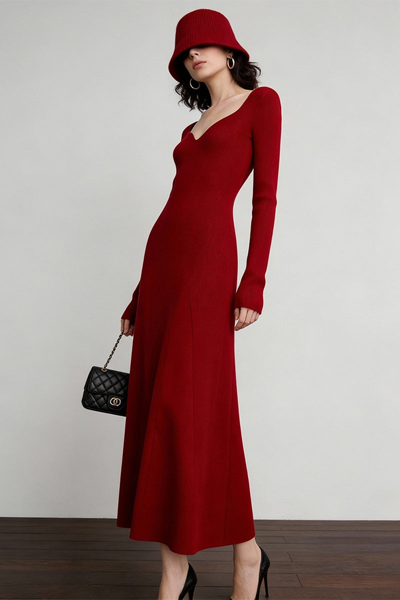 Red Long Sleeve Sweetheart Midi Sweater Dress