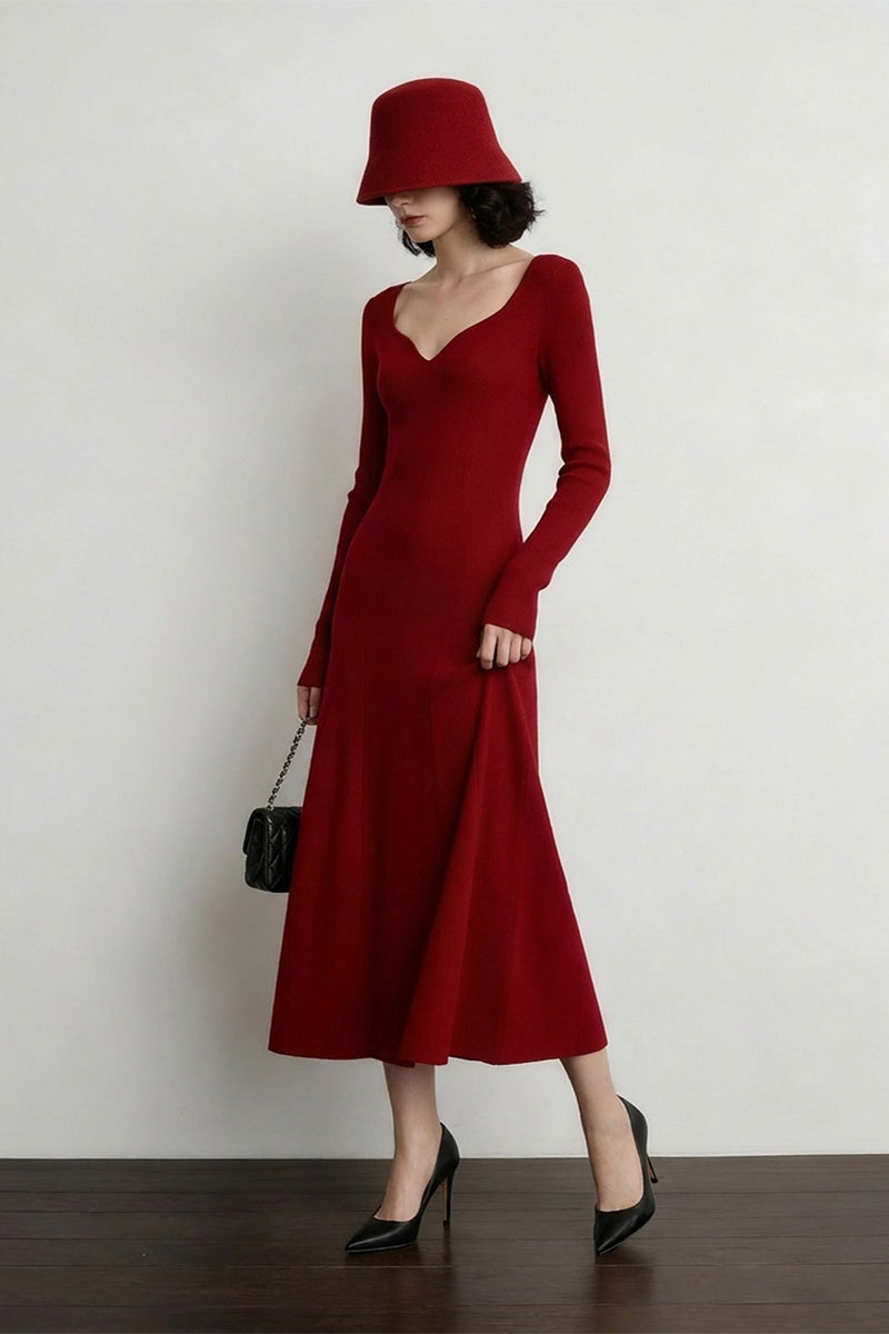 Red Long Sleeve Sweetheart Midi Sweater Dress