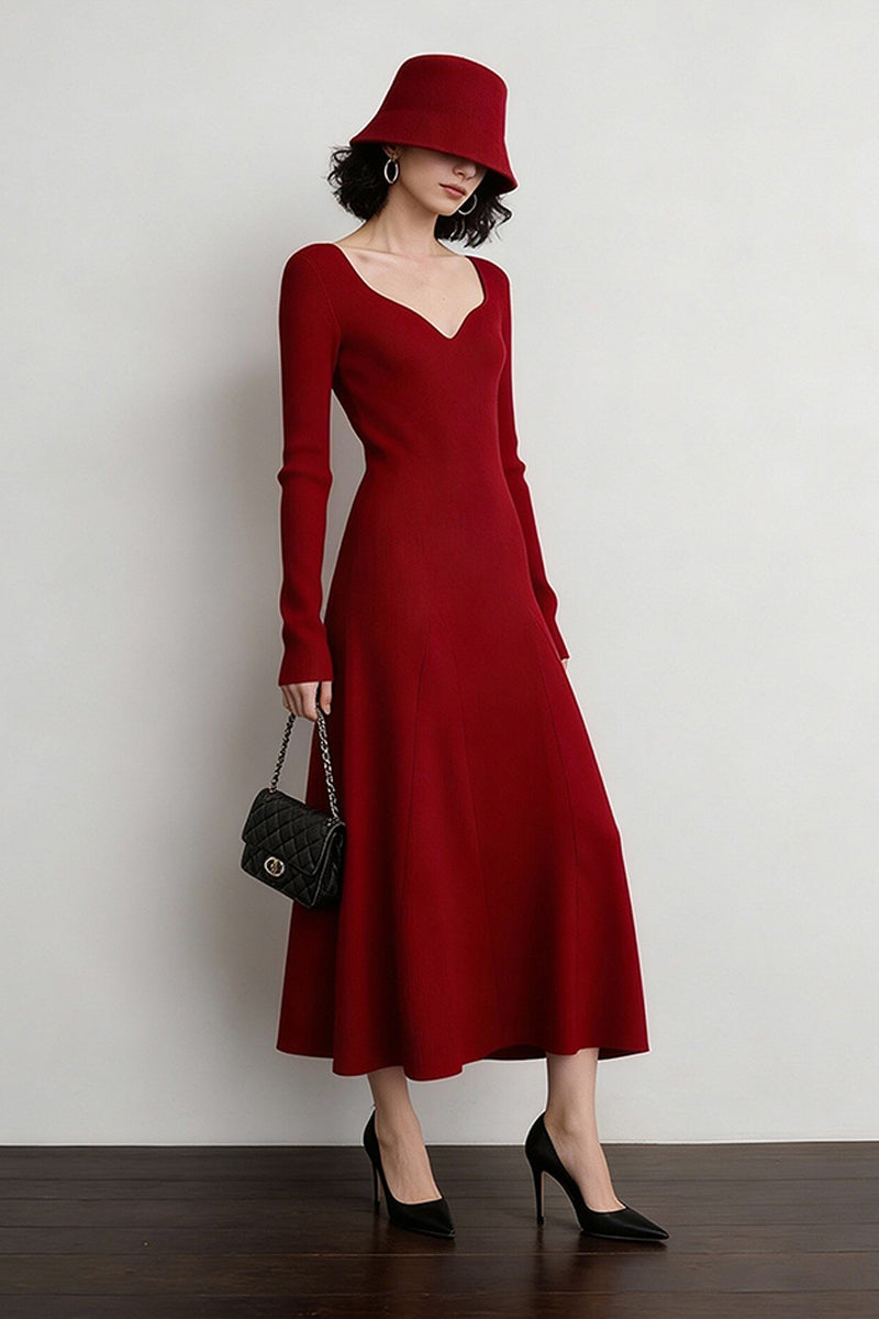 Red Long Sleeve Sweetheart Midi Sweater Dress