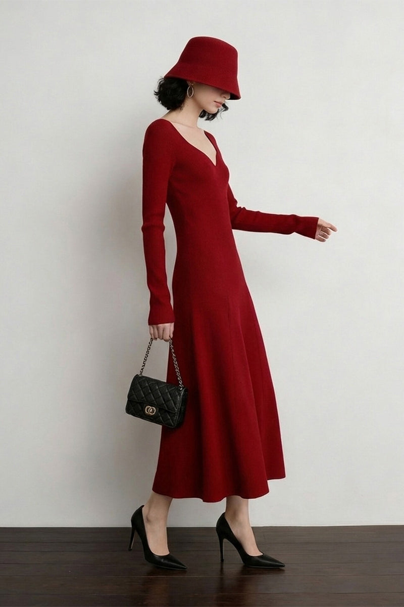 Red Long Sleeve Sweetheart Midi Sweater Dress