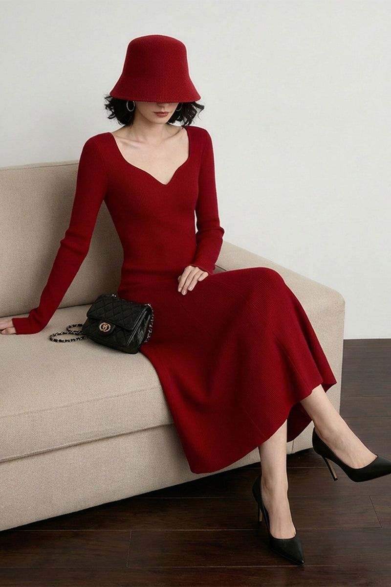 Red Long Sleeve Sweetheart Midi Sweater Dress