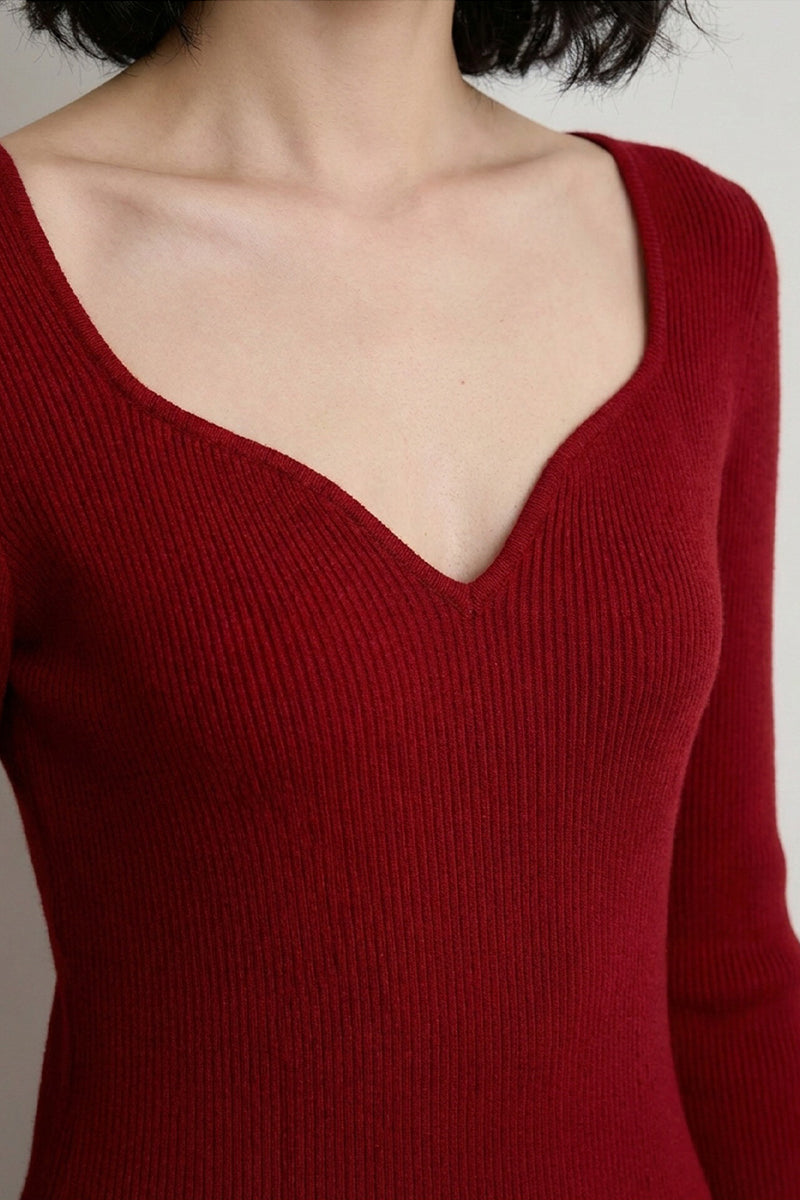 Red Long Sleeve Sweetheart Midi Sweater Dress