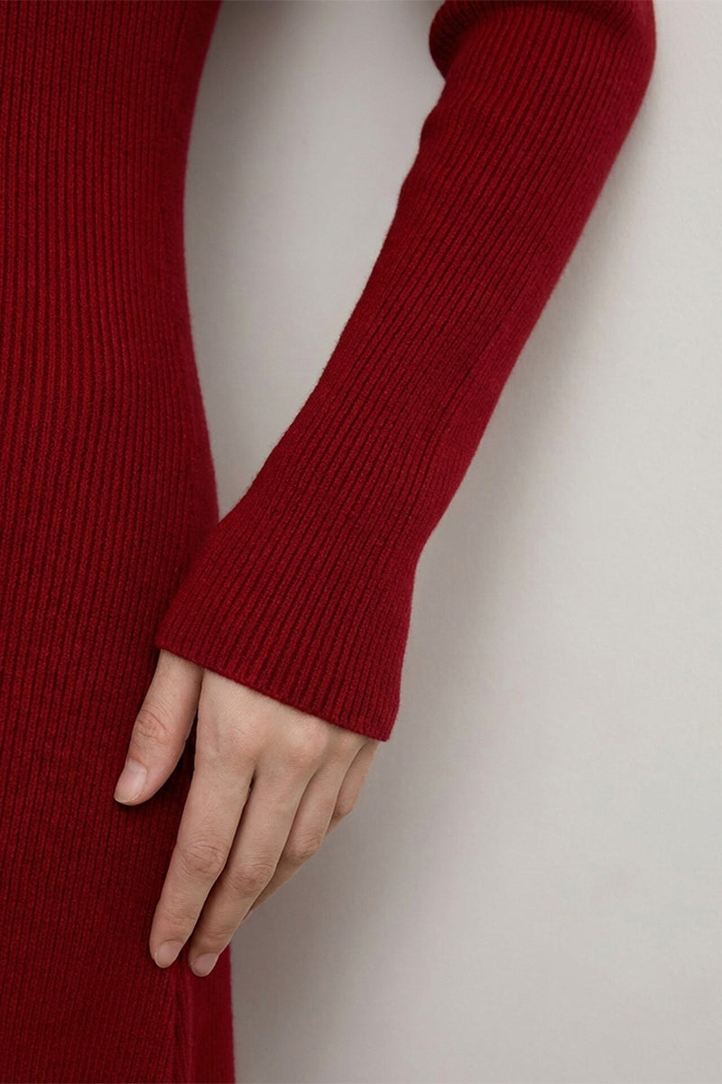Red Long Sleeve Sweetheart Midi Sweater Dress
