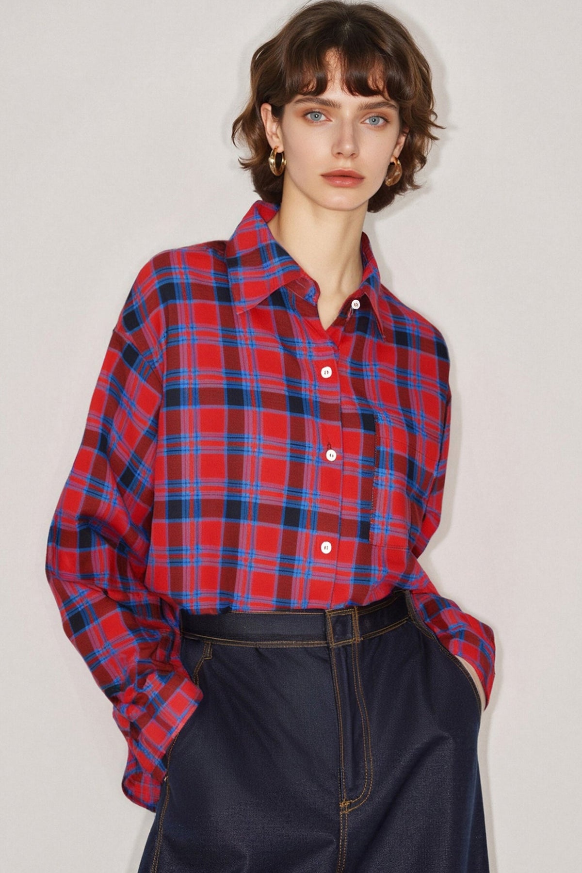 Red Plaid Long Sleeve Button-Up Shirt in Cotton