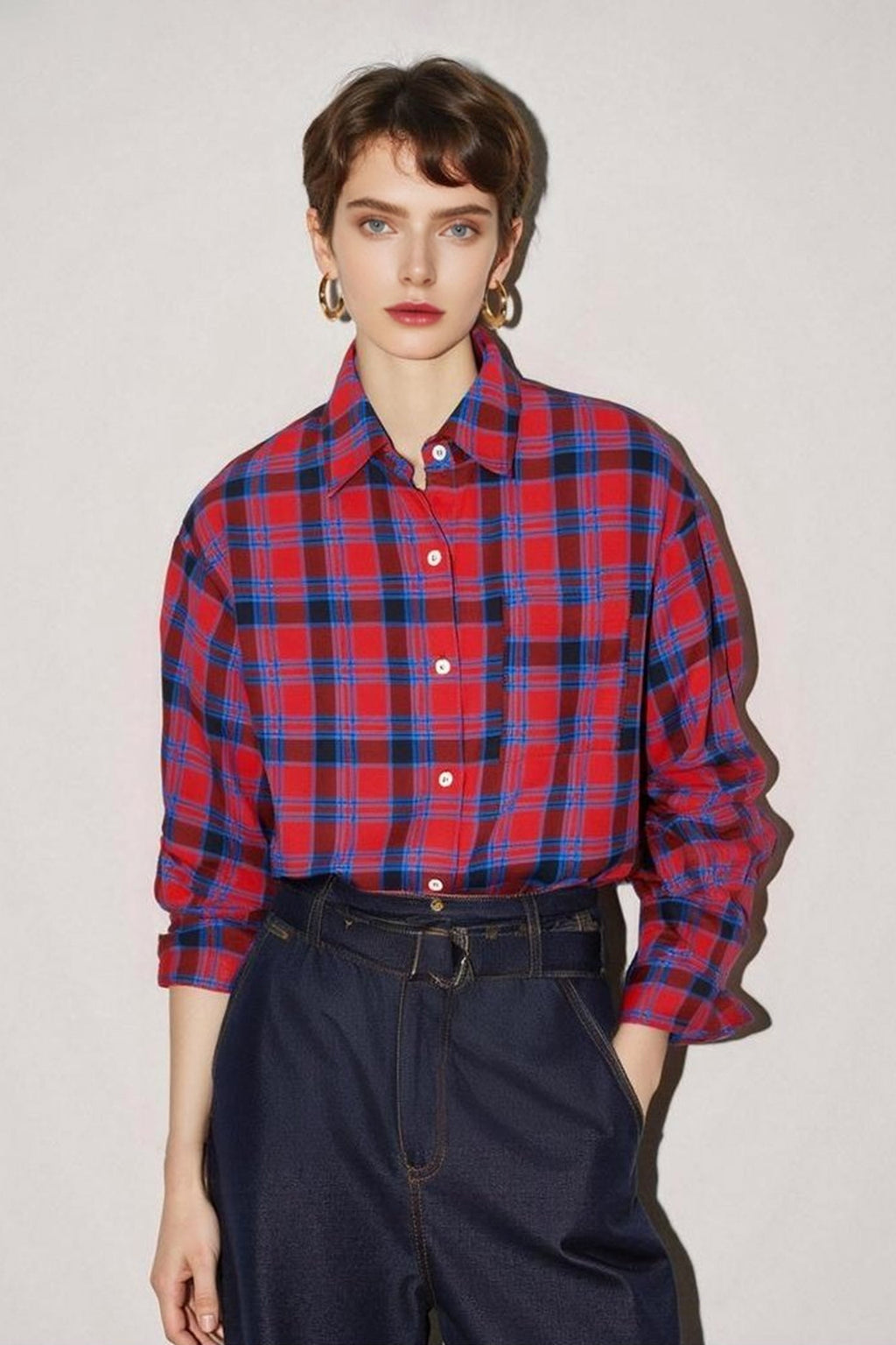 Red Plaid Long Sleeve Button-Up Shirt in Cotton