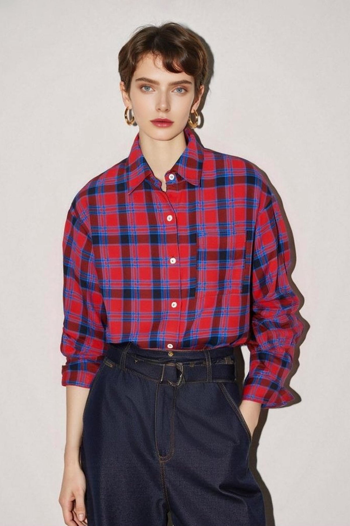 Red Plaid Long Sleeve Button-Up Shirt in Cotton