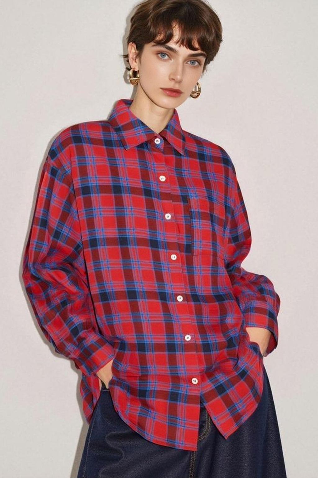 Red Plaid Long Sleeve Button-Up Shirt in Cotton