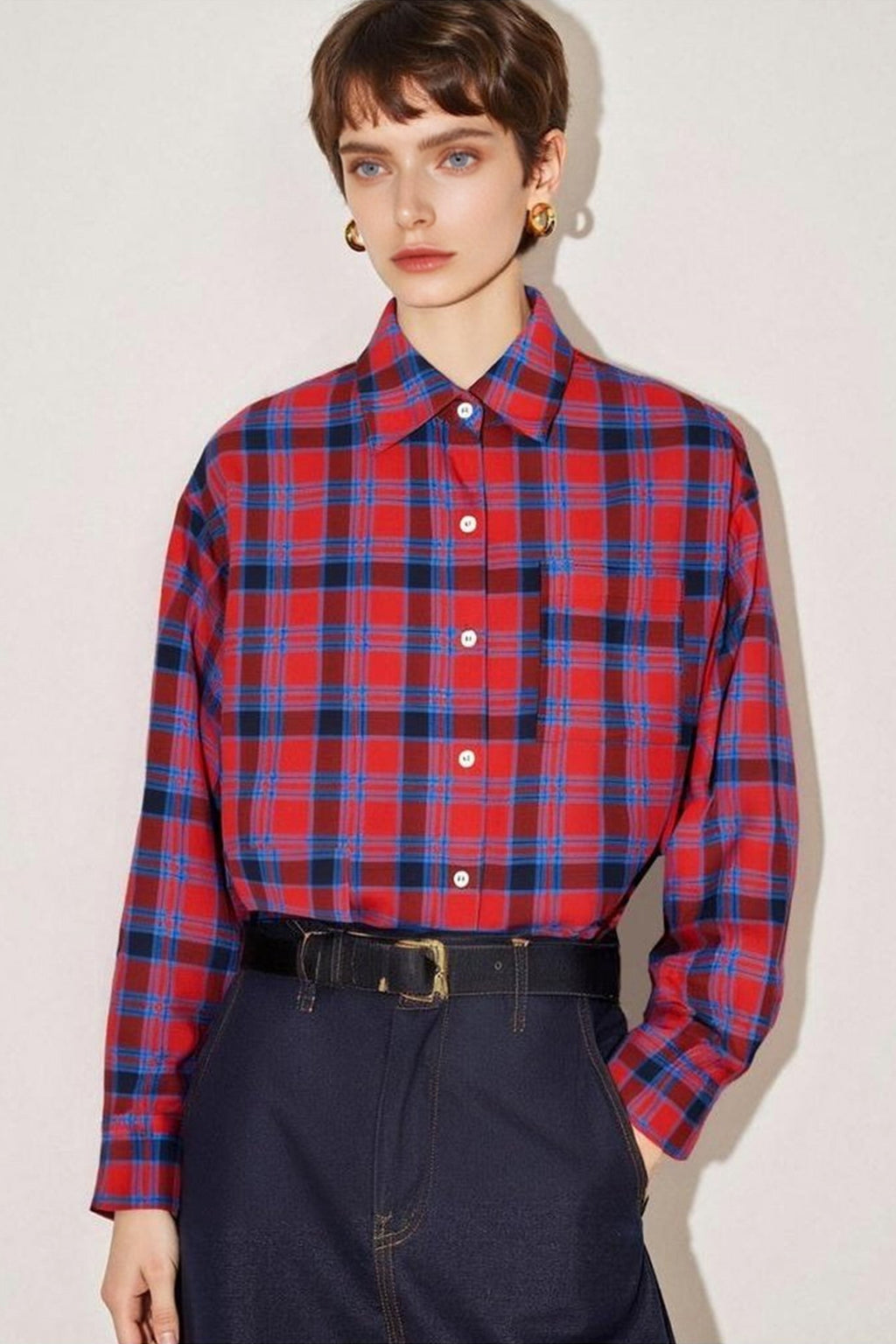 Red Plaid Long Sleeve Button-Up Shirt in Cotton