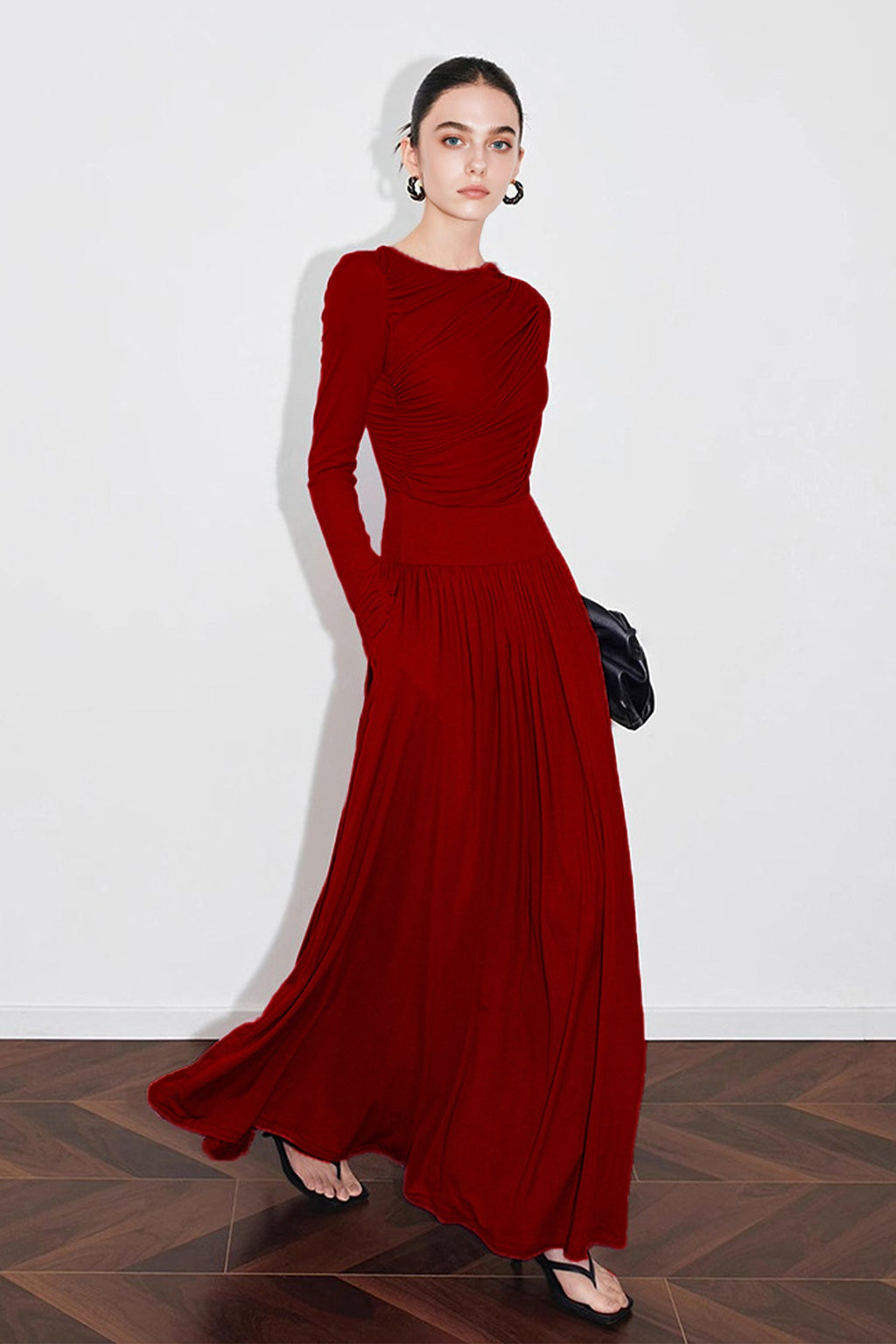 Red Ruched Long Sleeve Maxi Dress