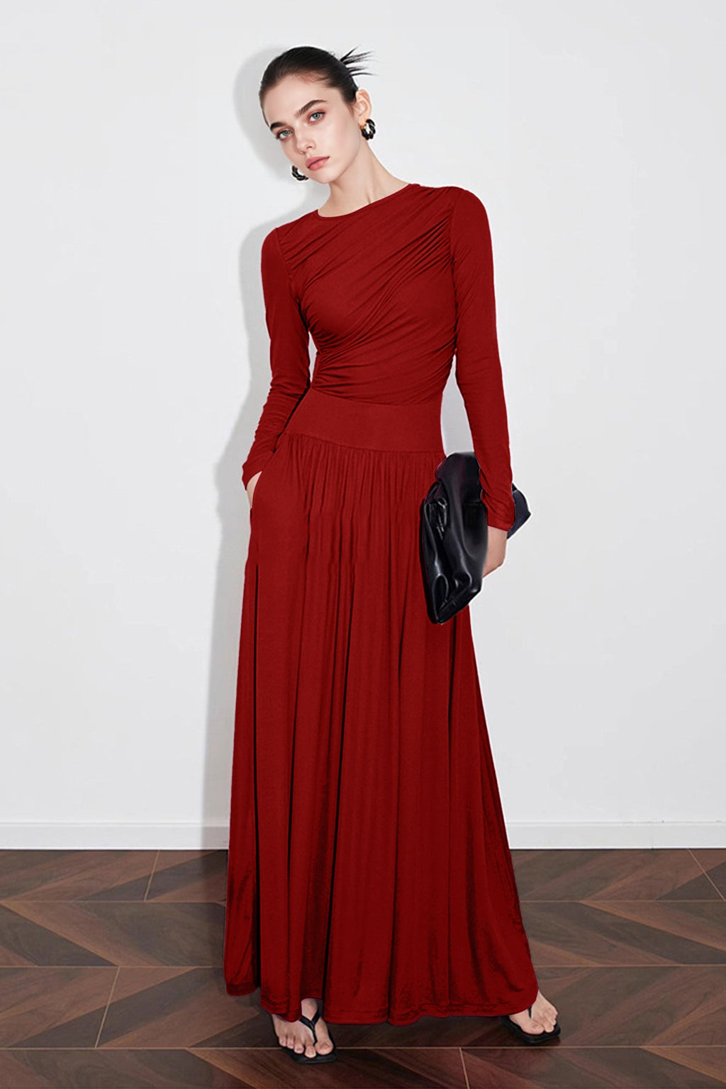 Red Ruched Long Sleeve Maxi Dress