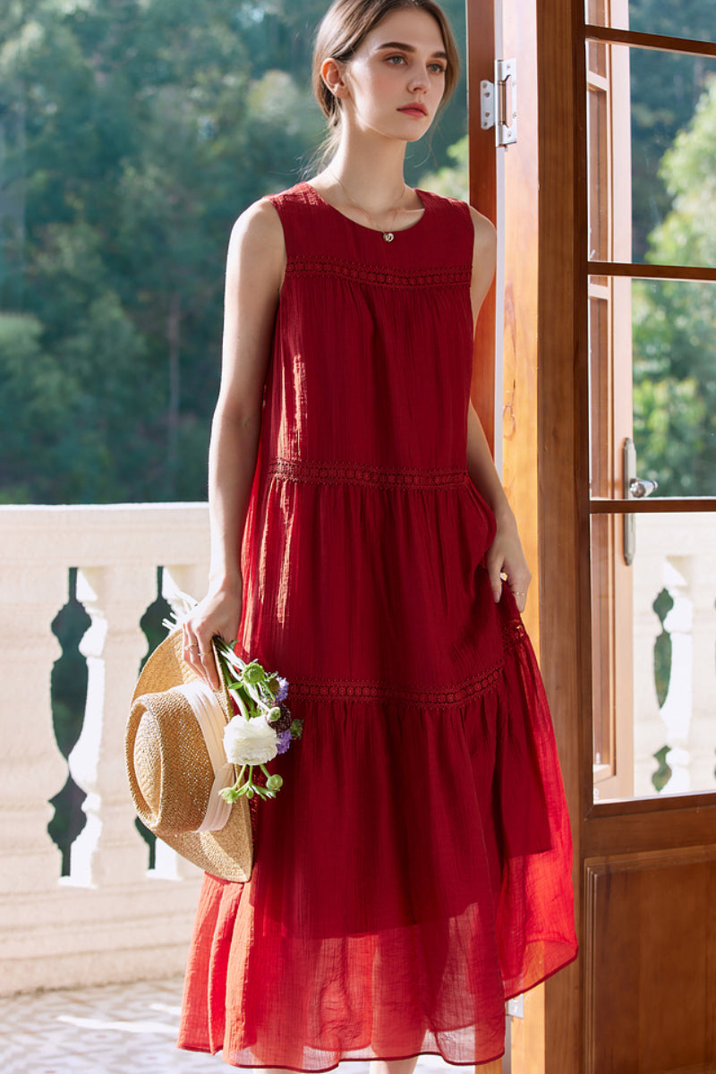 Red Tiered Sleeveless Tank Midi Dress with Embroidered Detail