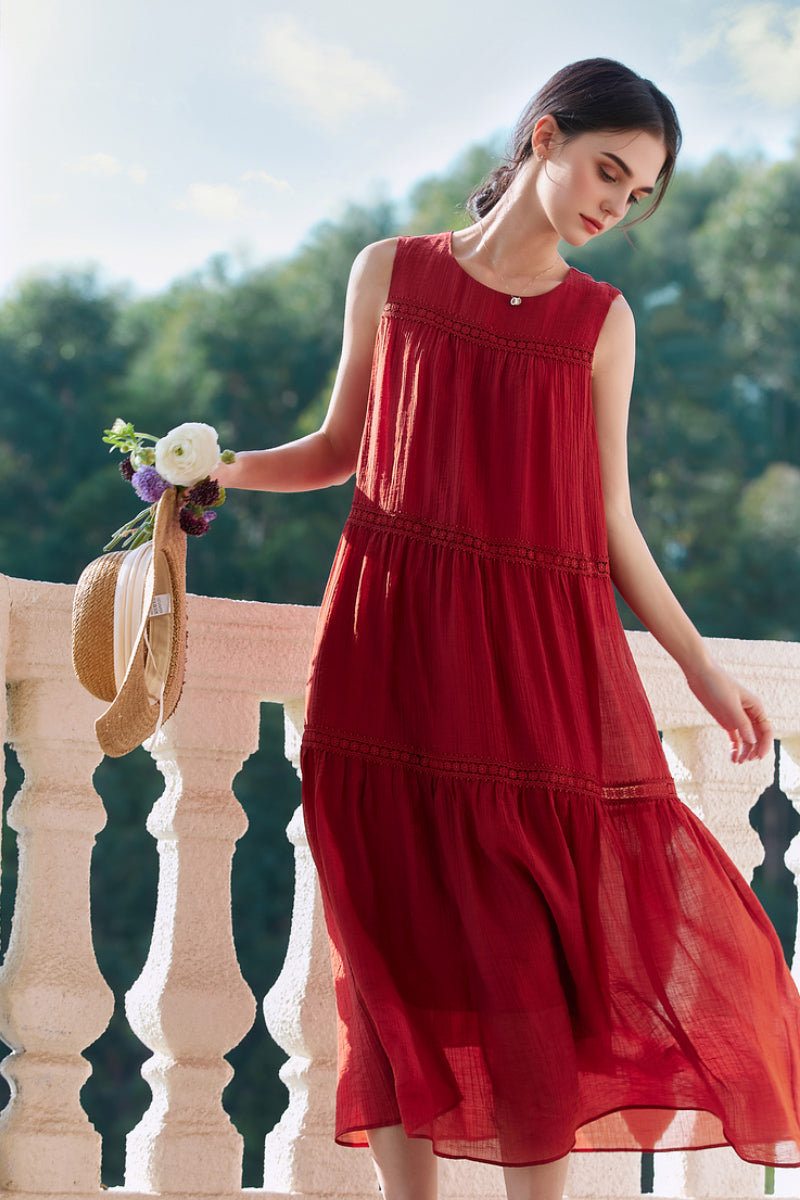 Red Tiered Sleeveless Tank Midi Dress with Embroidered Detail
