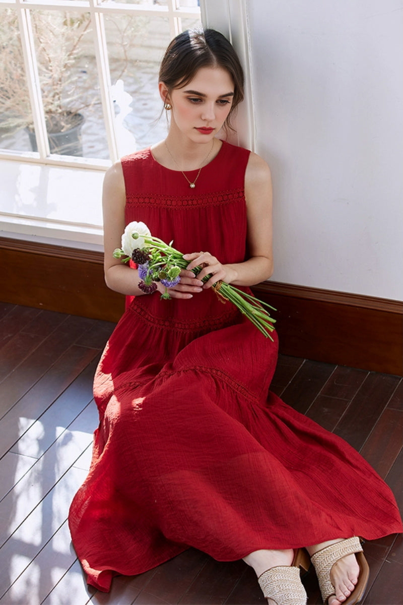 Red Tiered Sleeveless Tank Midi Dress with Embroidered Detail