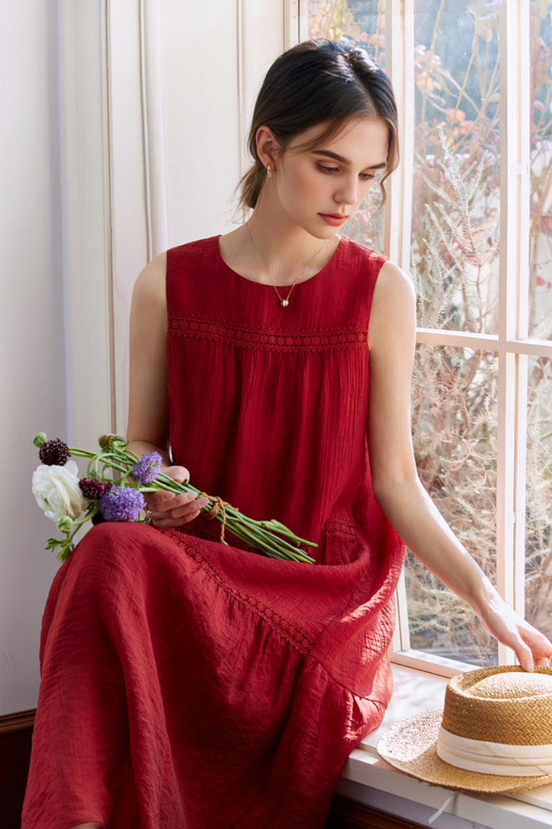 Red Tiered Sleeveless Tank Midi Dress with Embroidered Detail