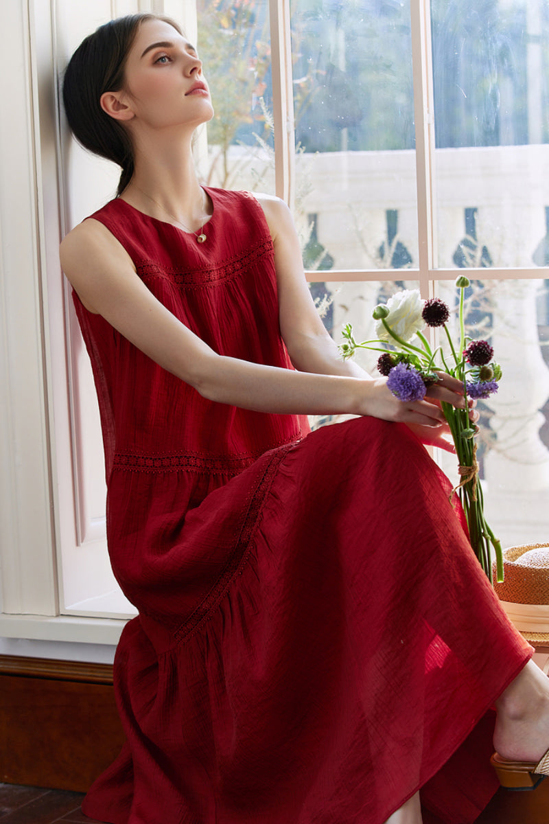 Red Tiered Sleeveless Tank Midi Dress with Embroidered Detail