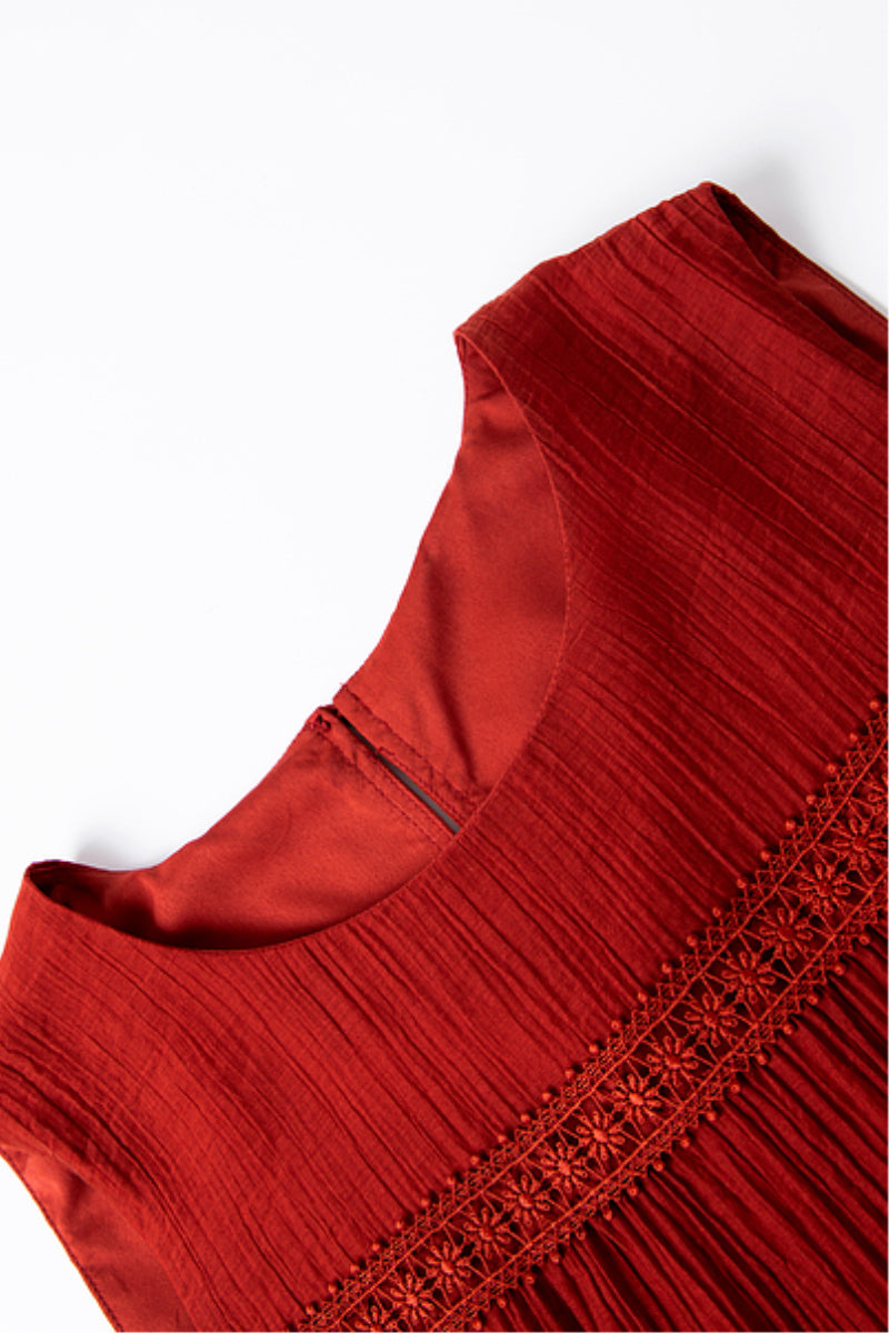 Red Tiered Sleeveless Tank Midi Dress with Embroidered Detail
