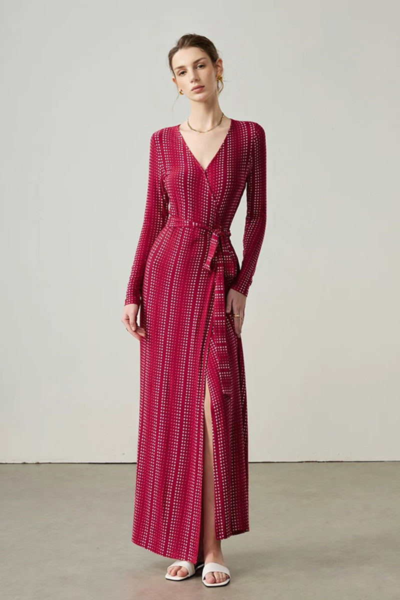 Red Triacetate Long Sleeve Geometric Print Wrap Maxi Dress