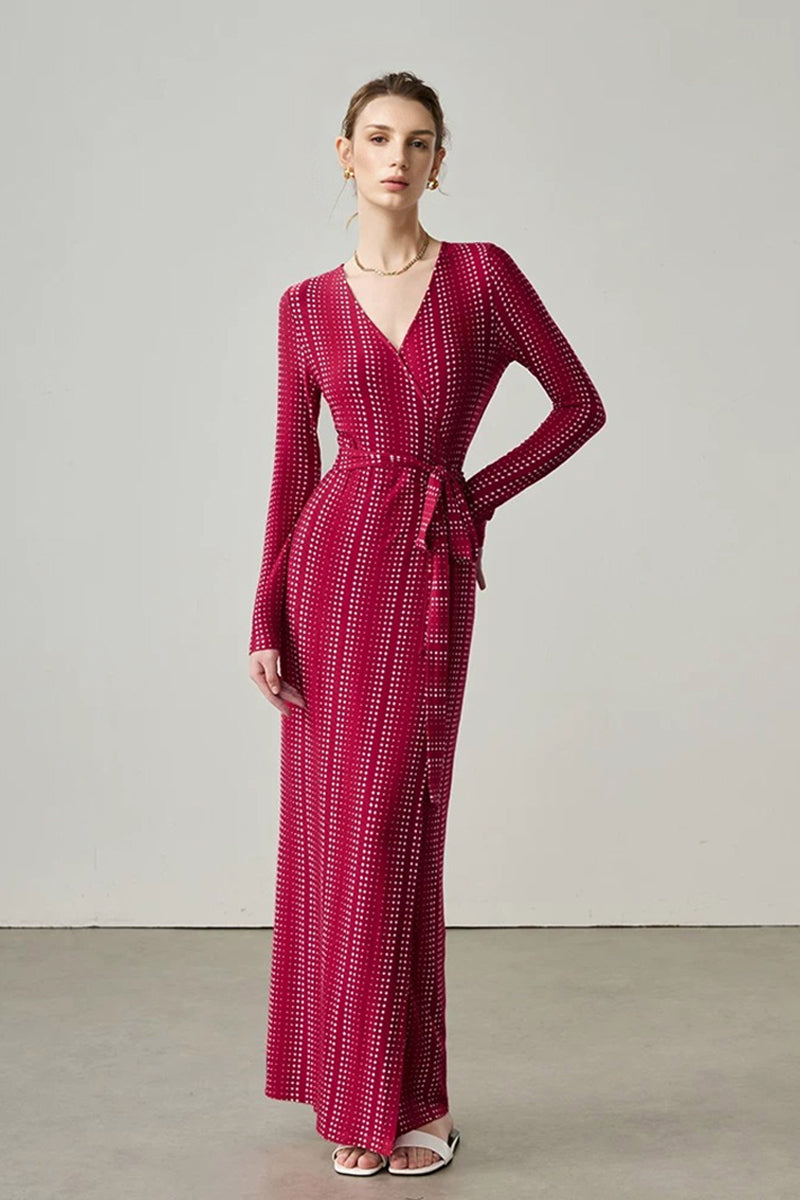 Red Triacetate Long Sleeve Geometric Print Wrap Maxi Dress