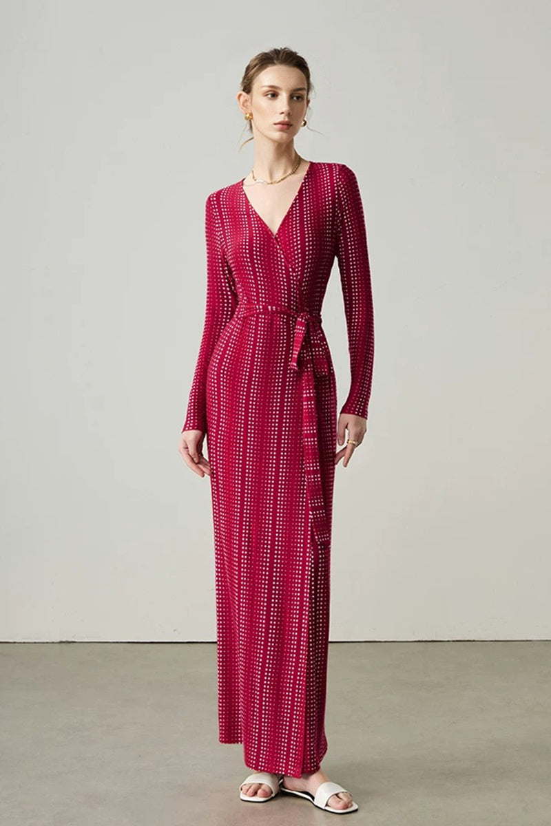 Red Triacetate Long Sleeve Geometric Print Wrap Maxi Dress