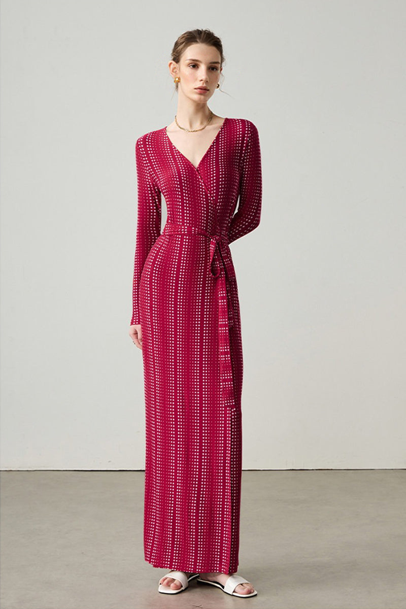 Red Triacetate Long Sleeve Geometric Print Wrap Maxi Dress