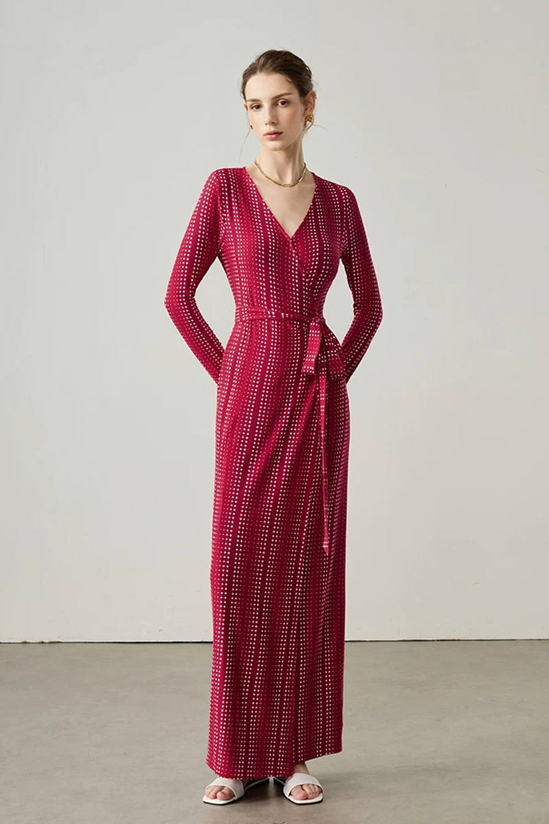 Red Triacetate Long Sleeve Geometric Print Wrap Maxi Dress