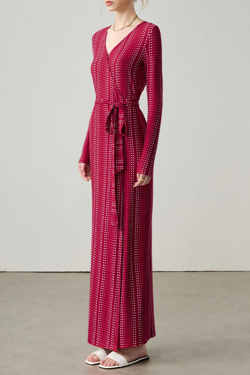 Red Triacetate Long Sleeve Geometric Print Wrap Maxi Dress