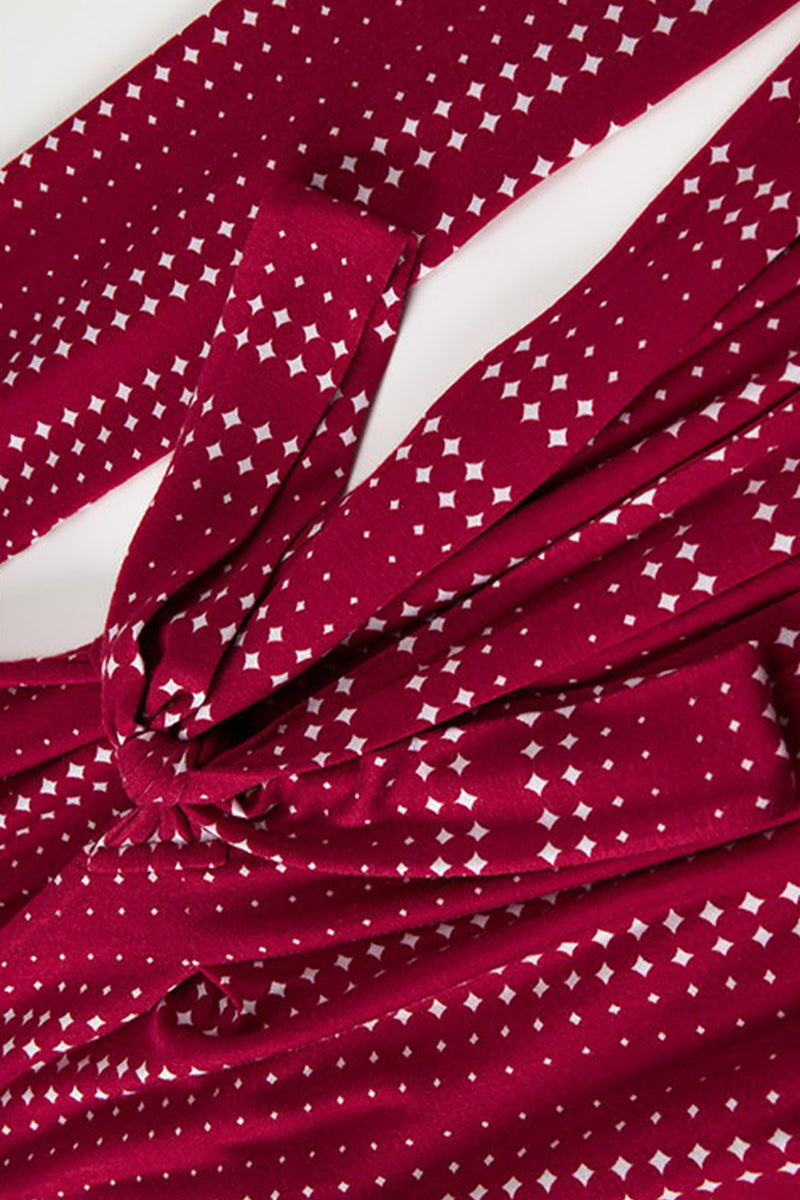 Red Triacetate Long Sleeve Geometric Print Wrap Maxi Dress