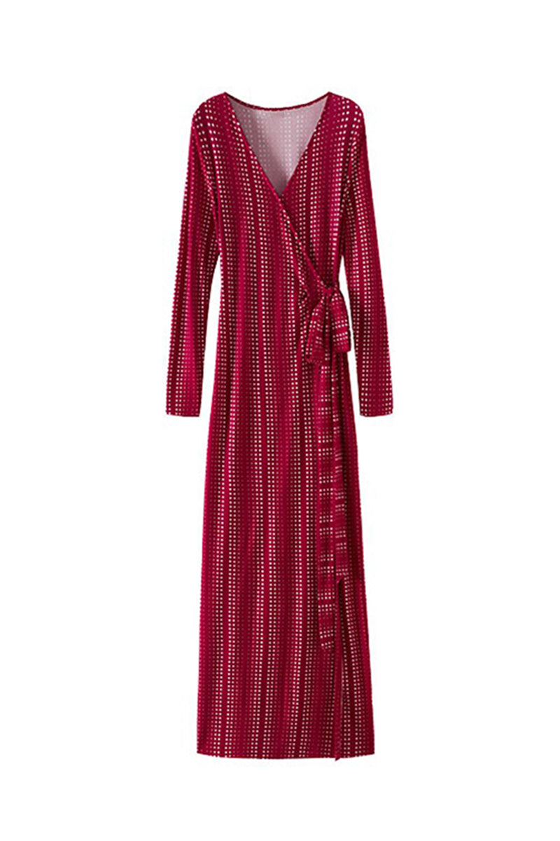 Red Triacetate Long Sleeve Geometric Print Wrap Maxi Dress