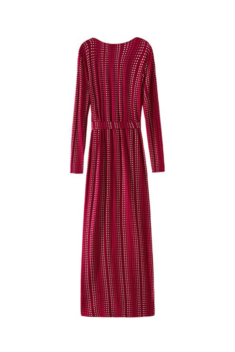Red Triacetate Long Sleeve Geometric Print Wrap Maxi Dress