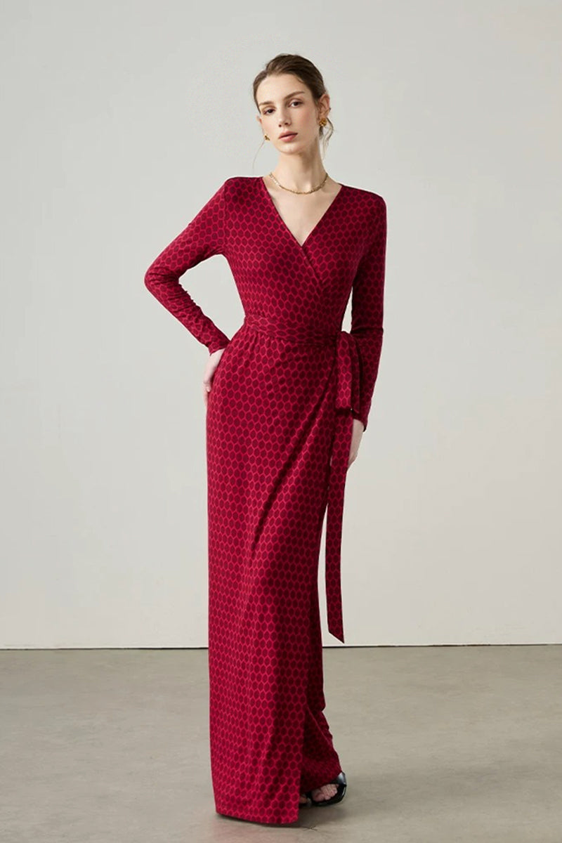 Red Triacetate Long Sleeve Honeycomb Print Wrap Maxi Dress