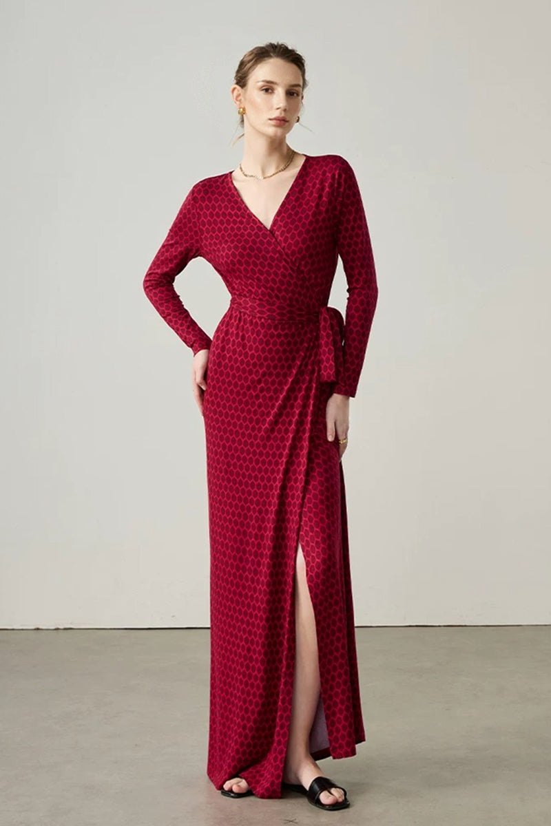 Red Triacetate Long Sleeve Honeycomb Print Wrap Maxi Dress