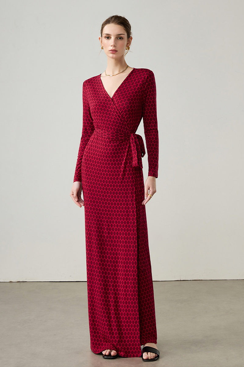 Red Triacetate Long Sleeve Honeycomb Print Wrap Maxi Dress