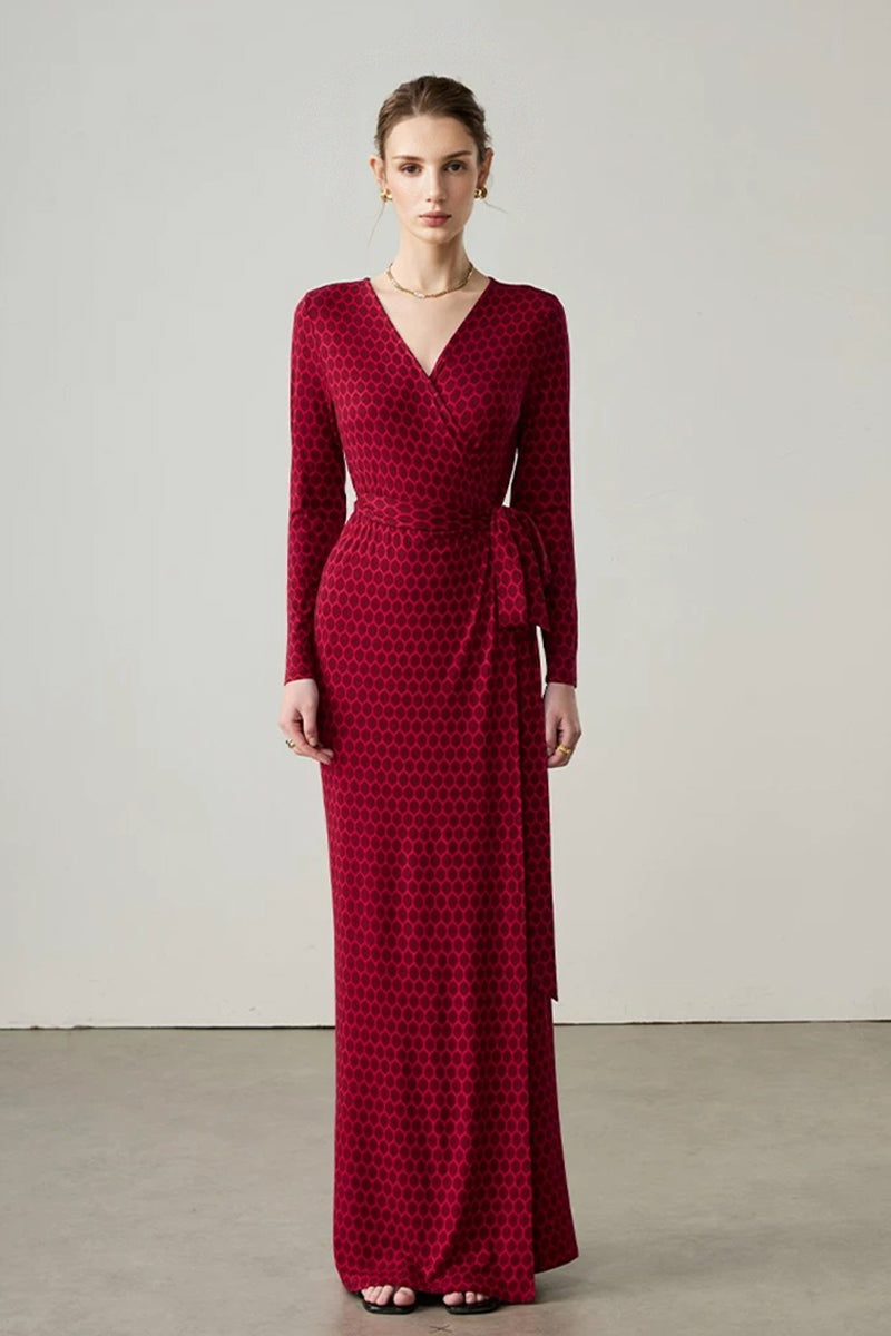 Red Triacetate Long Sleeve Honeycomb Print Wrap Maxi Dress
