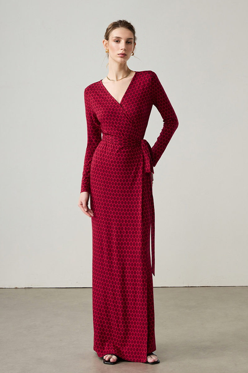 Red Triacetate Long Sleeve Honeycomb Print Wrap Maxi Dress