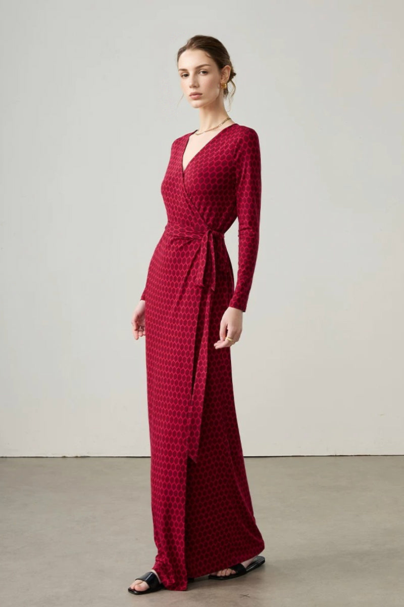 Red Triacetate Long Sleeve Honeycomb Print Wrap Maxi Dress