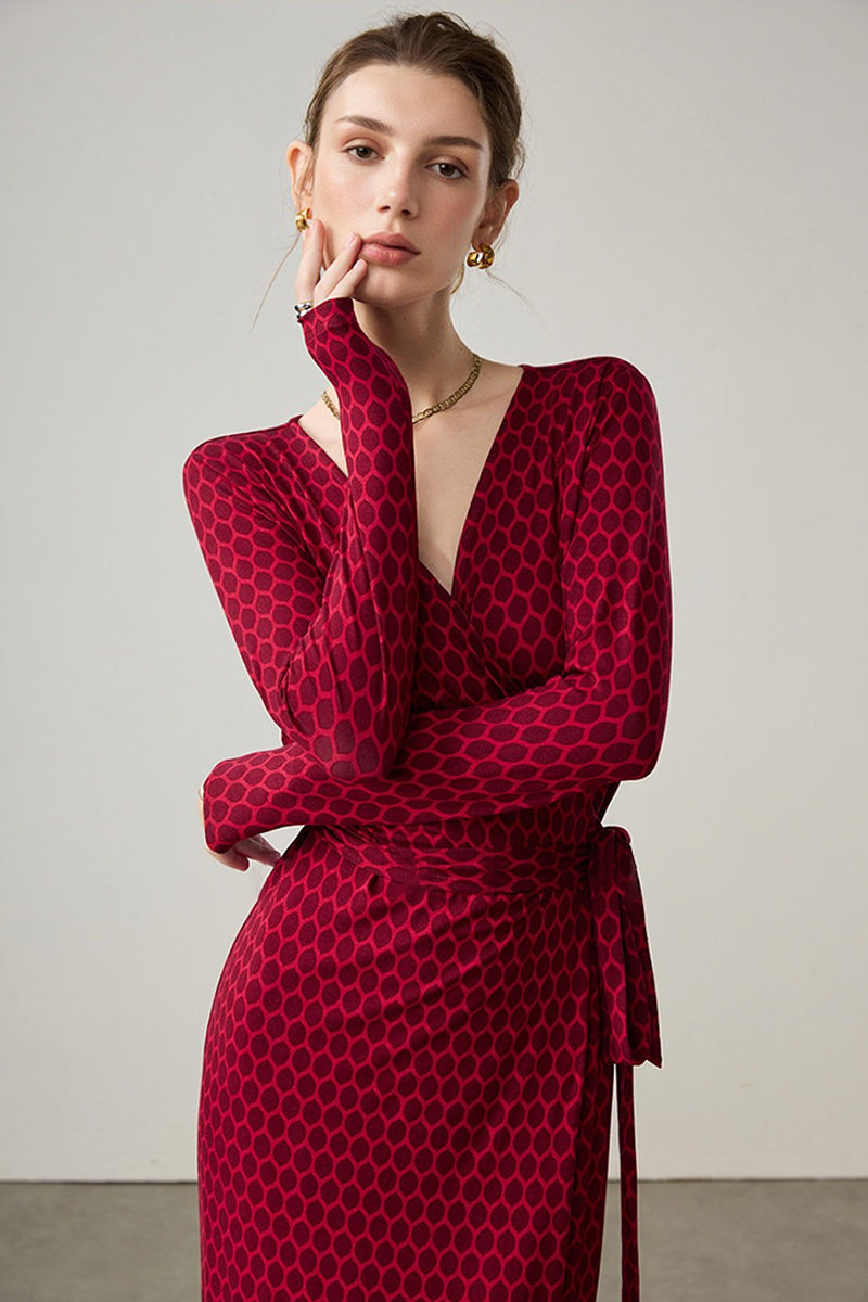 Red Triacetate Long Sleeve Honeycomb Print Wrap Maxi Dress