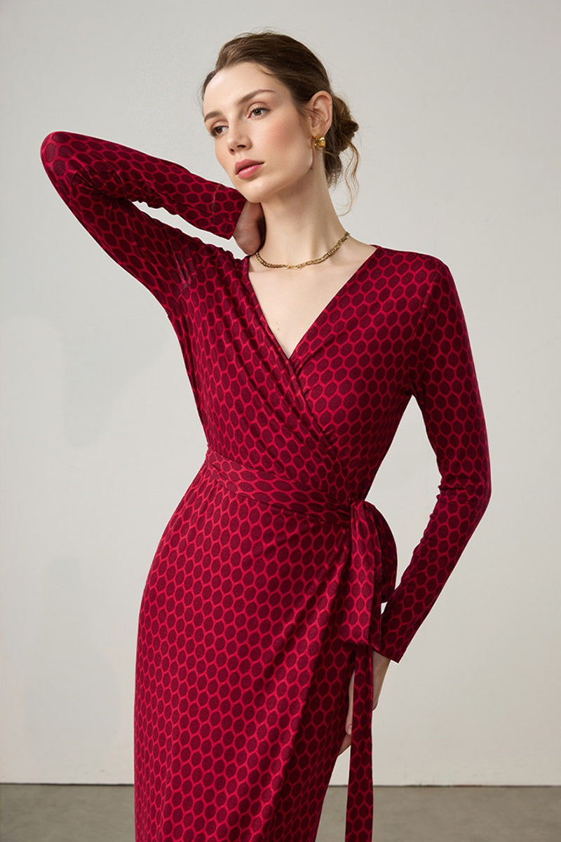 Red Triacetate Long Sleeve Honeycomb Print Wrap Maxi Dress