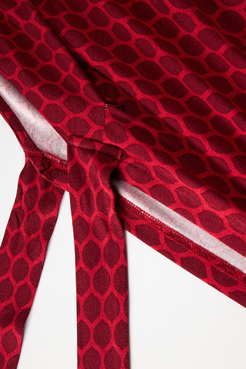 Red Triacetate Long Sleeve Honeycomb Print Wrap Maxi Dress