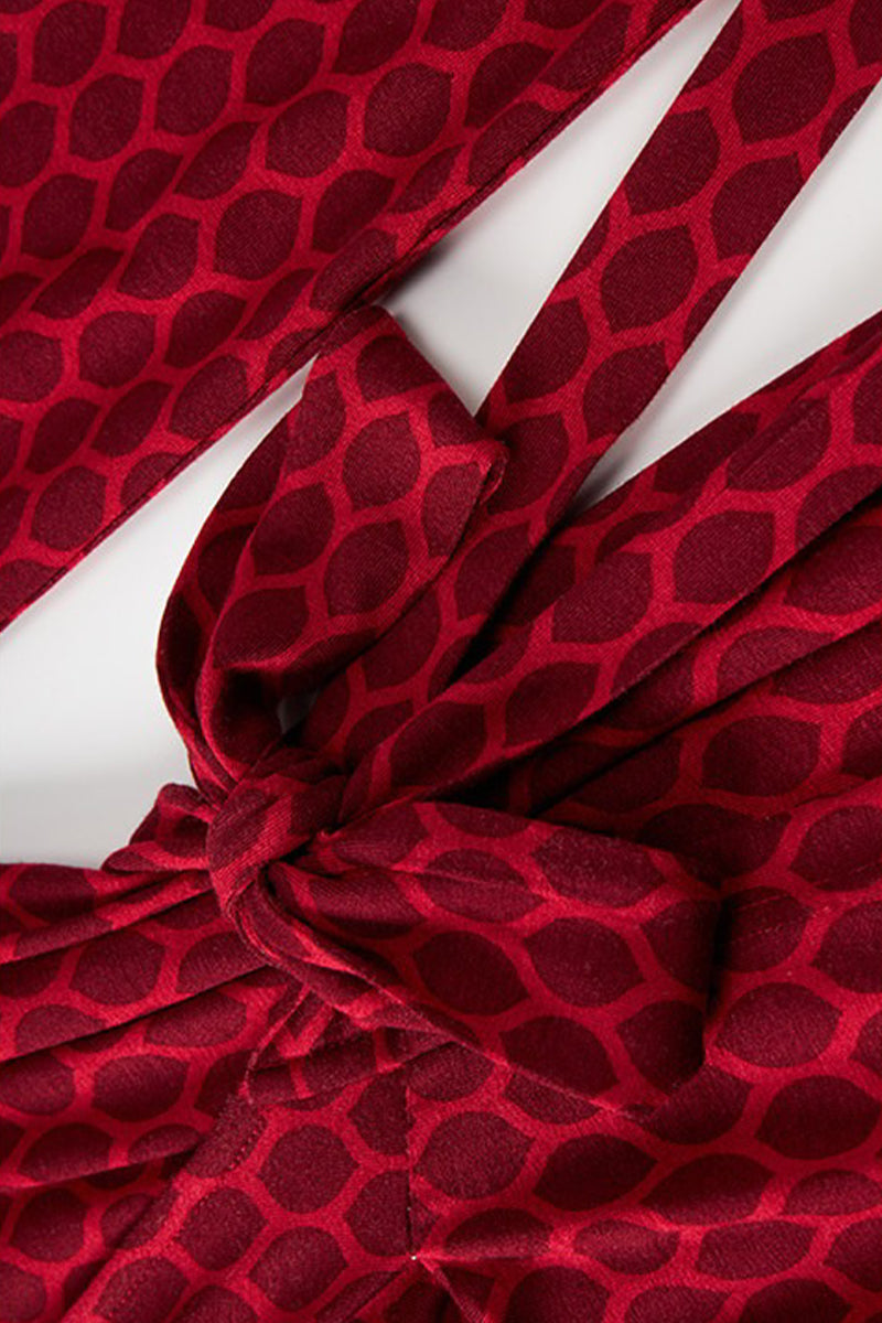 Red Triacetate Long Sleeve Honeycomb Print Wrap Maxi Dress