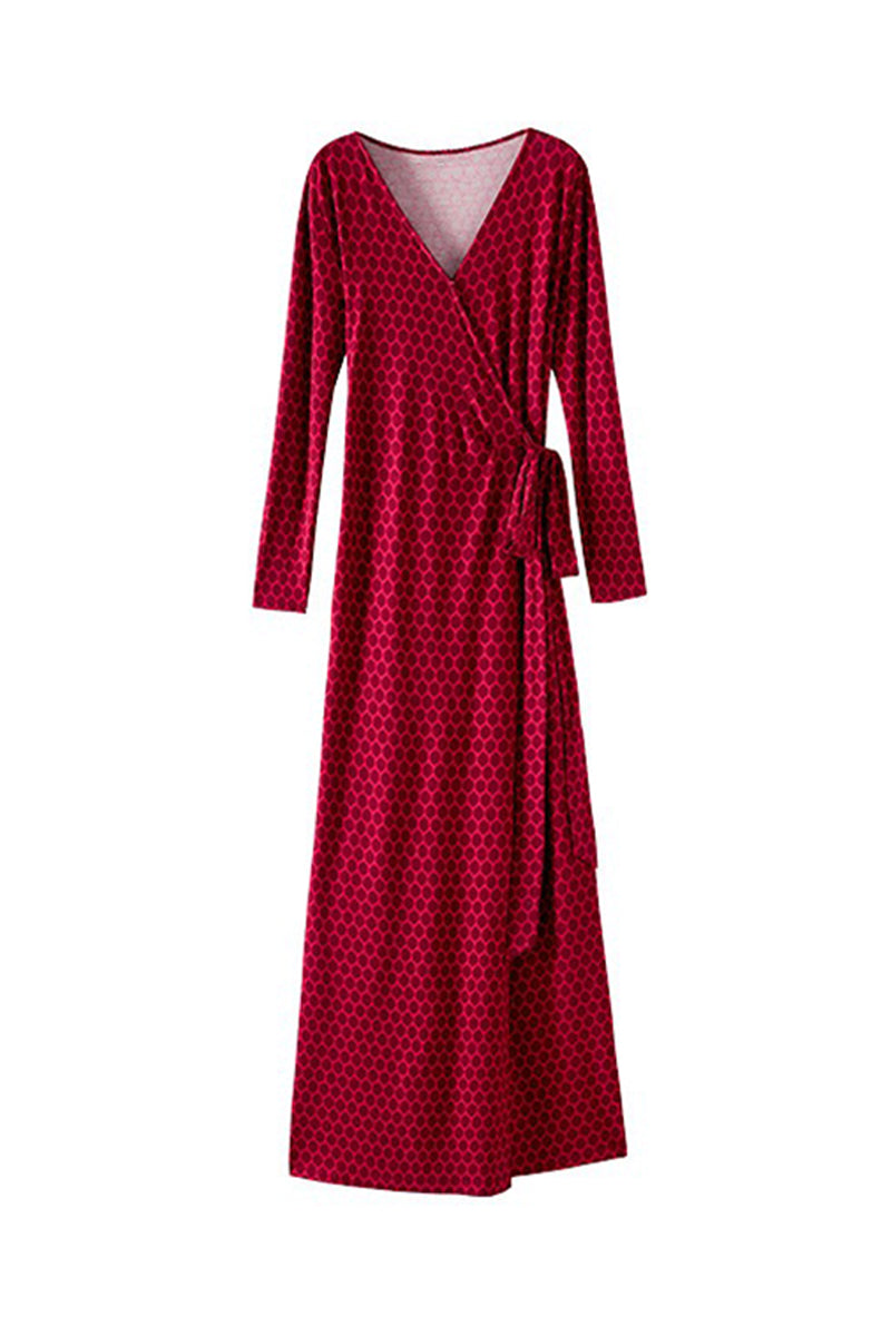 Red Triacetate Long Sleeve Honeycomb Print Wrap Maxi Dress
