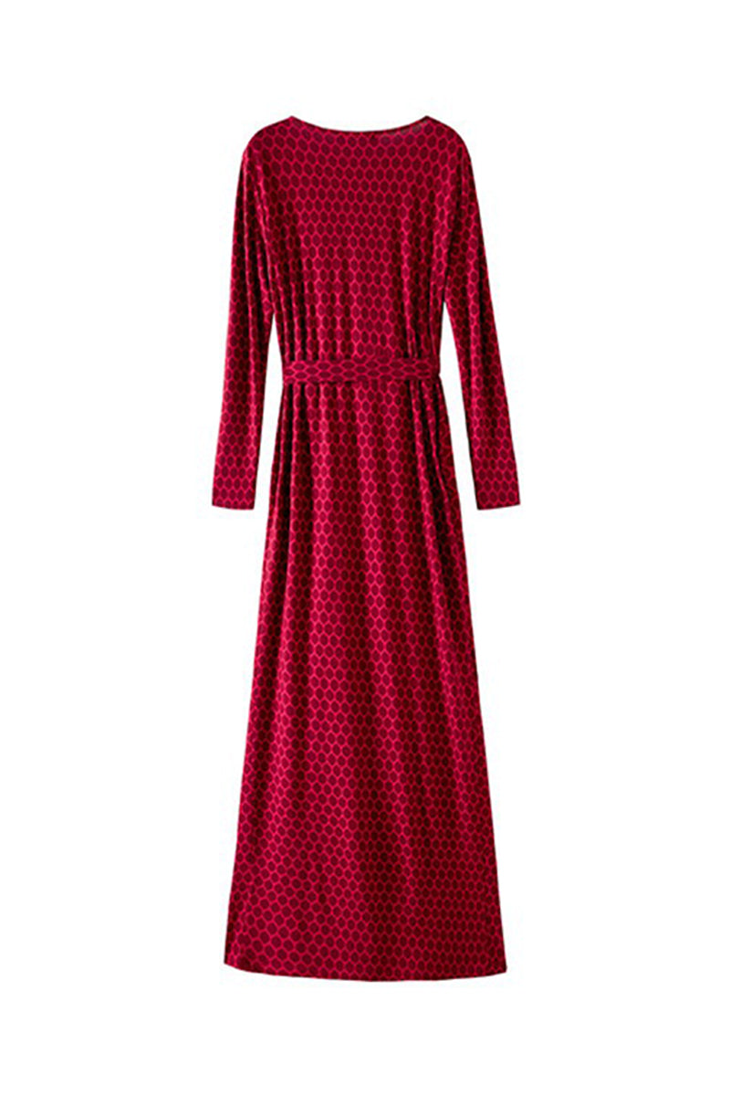 Red Triacetate Long Sleeve Honeycomb Print Wrap Maxi Dress