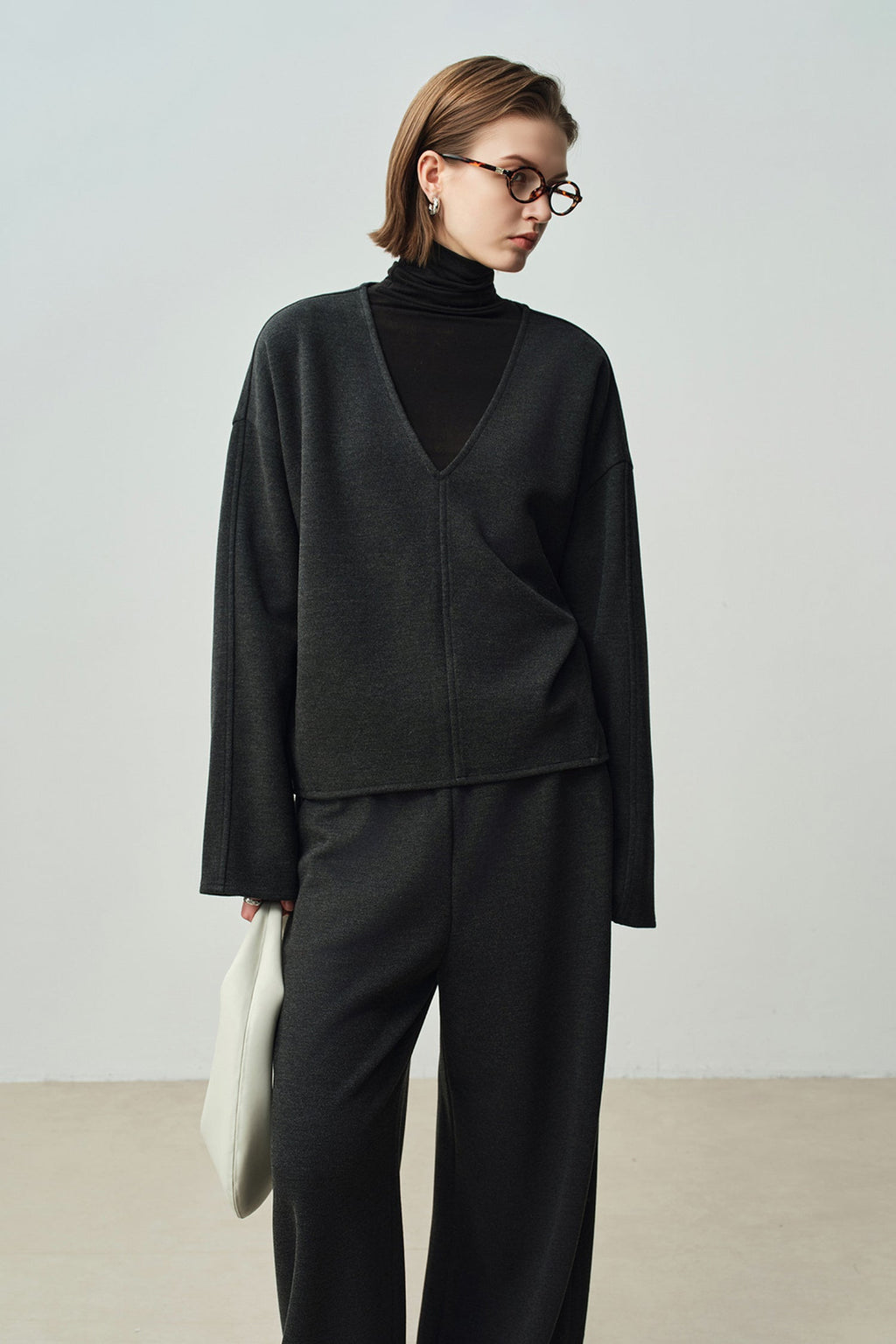 Relaxed Cashmere Blend Deep V-Neck Sweatshirt