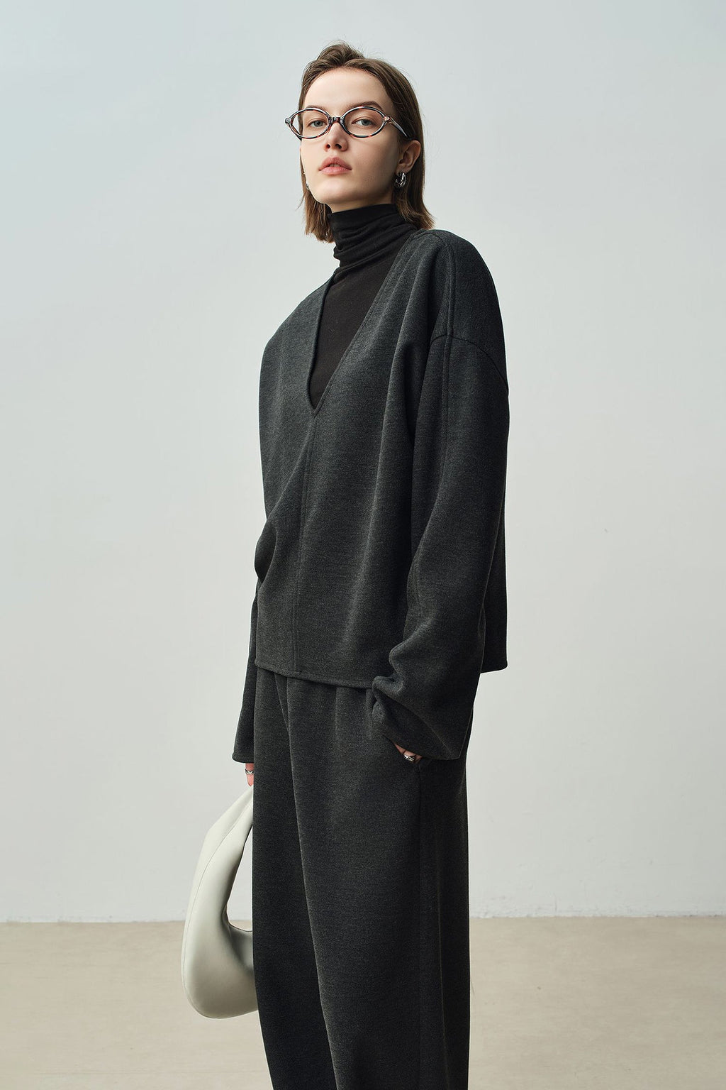 Relaxed Cashmere Blend Deep V-Neck Sweatshirt