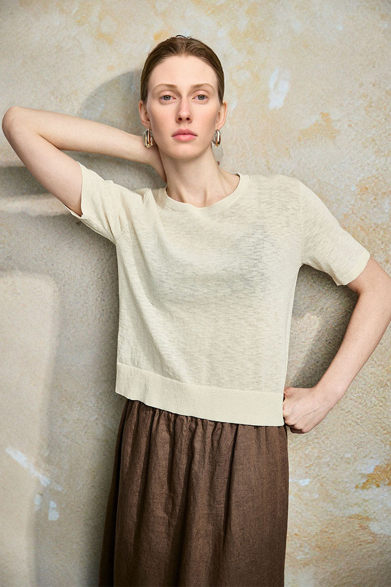 Relaxed Fit Cotton-Linen Short-Sleeve Crewneck T-Shirt with Ribbed Trims