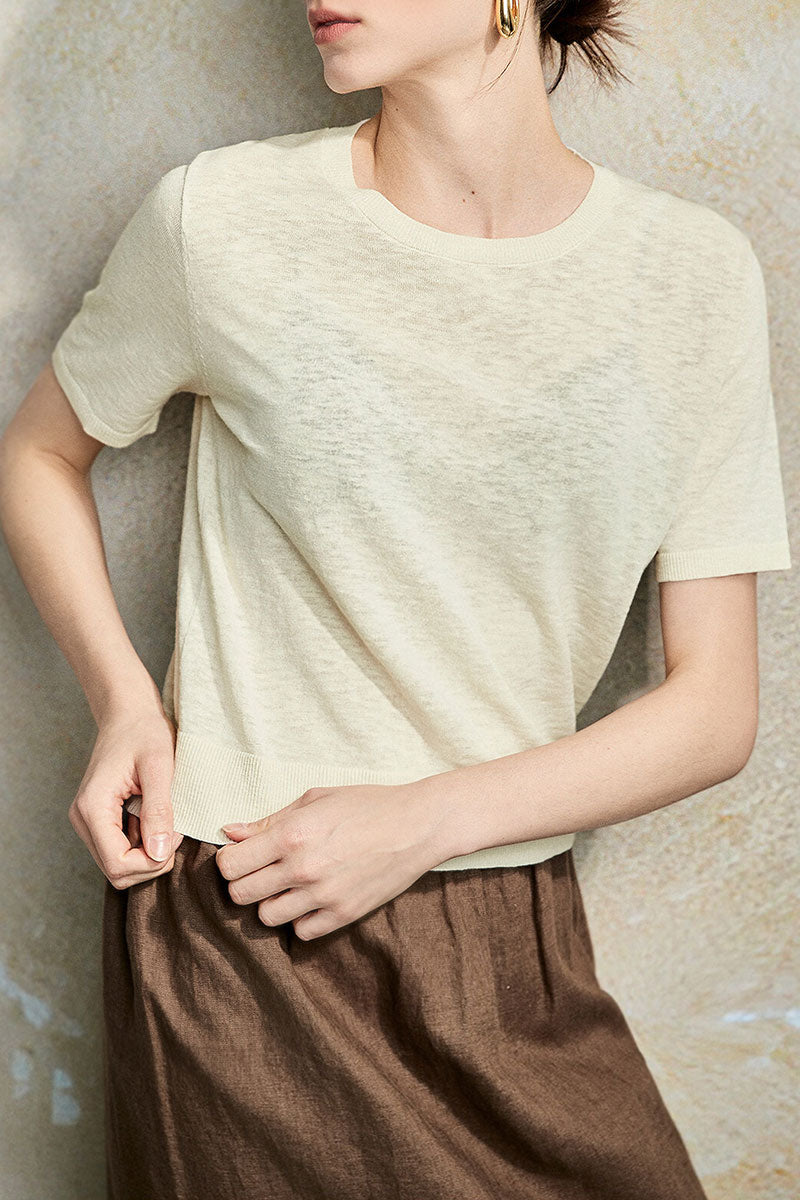 Relaxed Fit Cotton-Linen Short-Sleeve Crewneck T-Shirt with Ribbed Trims