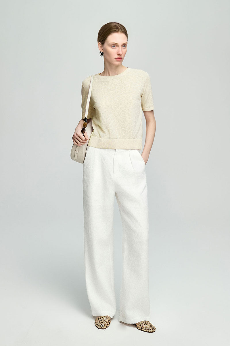Relaxed Fit Cotton-Linen Short-Sleeve Crewneck T-Shirt with Ribbed Trims