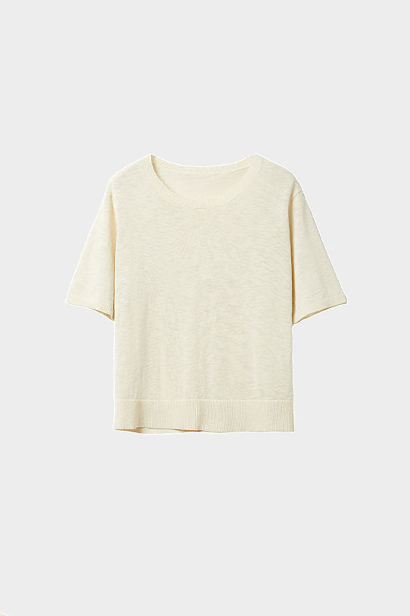 Relaxed Fit Cotton-Linen Short-Sleeve Crewneck T-Shirt with Ribbed Trims