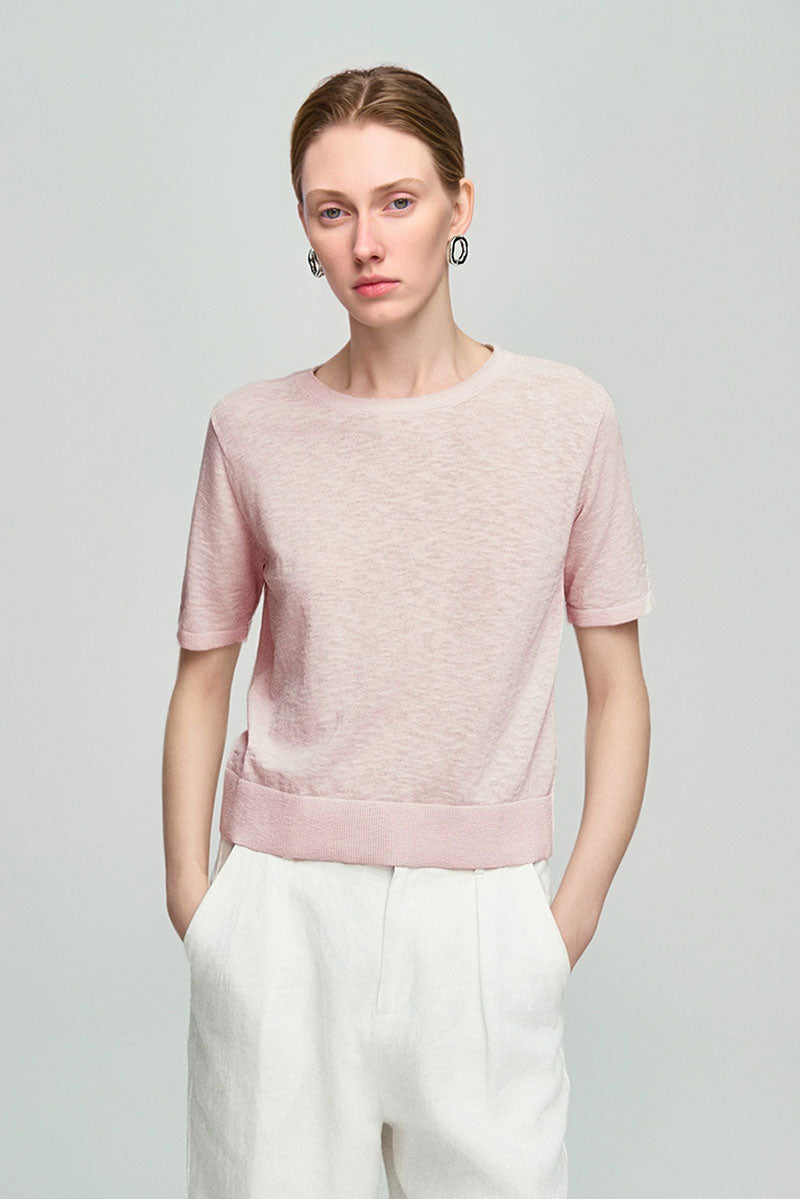 Relaxed Fit Cotton-Linen Short-Sleeve Crewneck T-Shirt with Ribbed Trims