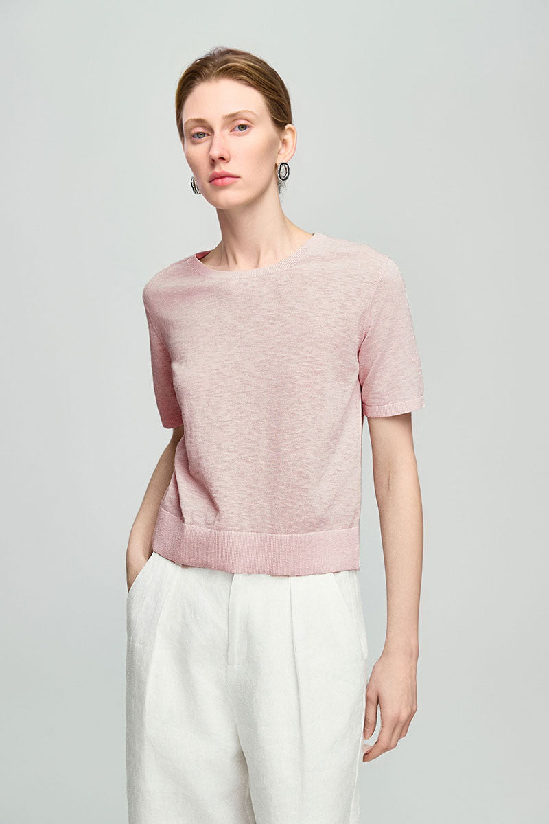 Relaxed Fit Cotton-Linen Short-Sleeve Crewneck T-Shirt with Ribbed Trims
